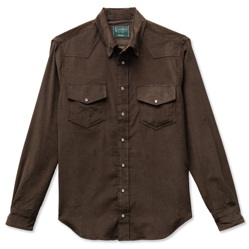 A dark brown button up western shirt with two chest pocket, made from a corduroy fabric with white pearl buttons.