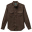 A dark brown button up western shirt with two chest pocket, made from a corduroy fabric with white pearl buttons.