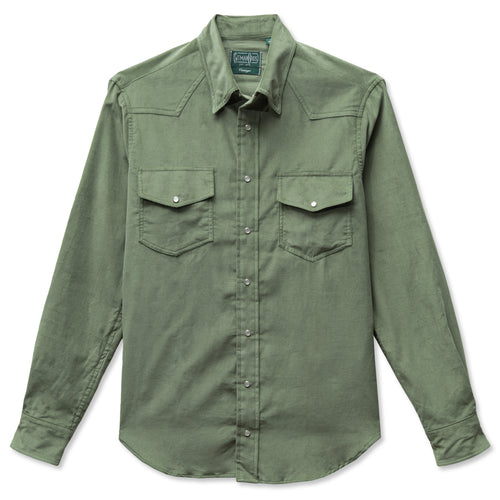 A sage button up western shirt with two chest pocket, made from a corduroy fabric with white pearl buttons.