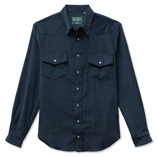 A navy button up western shirt with two chest pocket, made from a corduroy fabric with white pearl buttons.