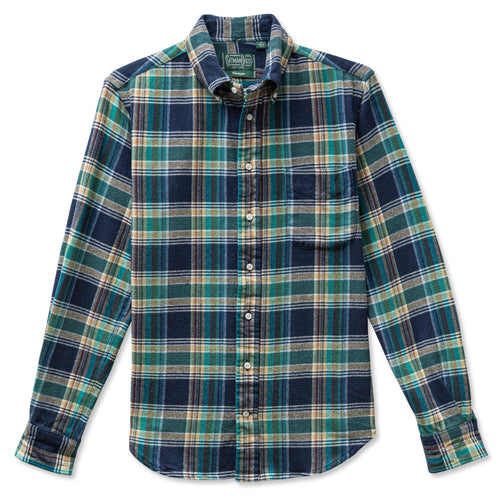 A navy brushed winter madras button down with a chest pocket and made from heavyweight cotton and made in the USA.