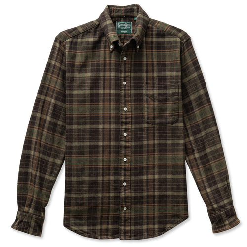 A brown brushed winter madras button down with a chest pocket and made from heavyweight cotton and made in the USA.
