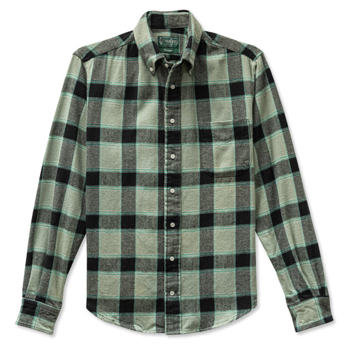 A green brushed winter madras button down with a chest pocket and made from heavyweight cotton and made in the USA.
