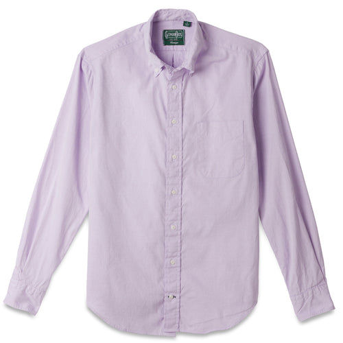 The Purple Ultralight Oxford button down shirt made from 80s single yarn cotton with barrel cuffs, a chest pocket, and white buttons.