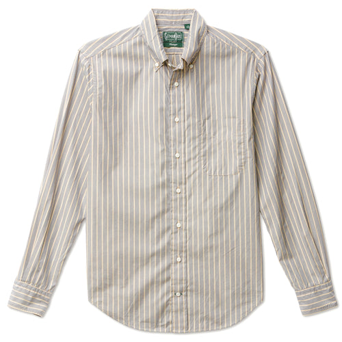 The Grey Striped Japanese  poplin shirt made from Japanese cotton features crisp breathable fabric with barrel cuffs, a chest pocket, and white buttons.