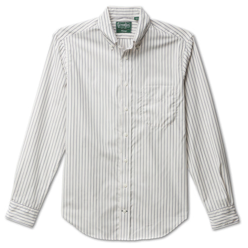 The White Striped Japanese  poplin shirt made from Japanese cotton features crisp breathable fabric with barrel cuffs, a chest pocket, and white buttons.