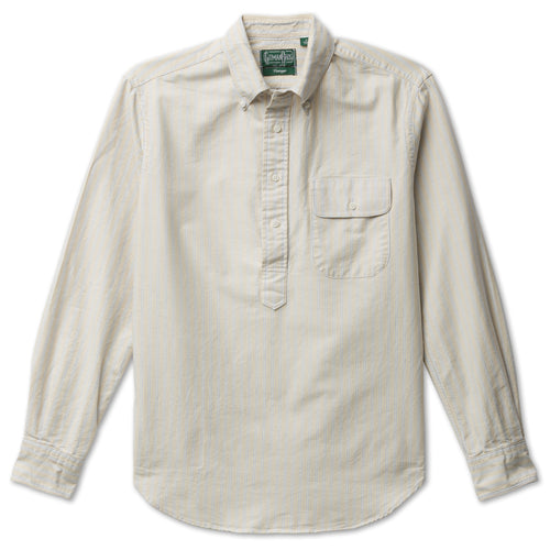 The Tan Japanese Spring Oxford shirt made from Japanese cotton features crisp breathable fabric with barrel cuffs, a button through chest pocket, and white buttons.