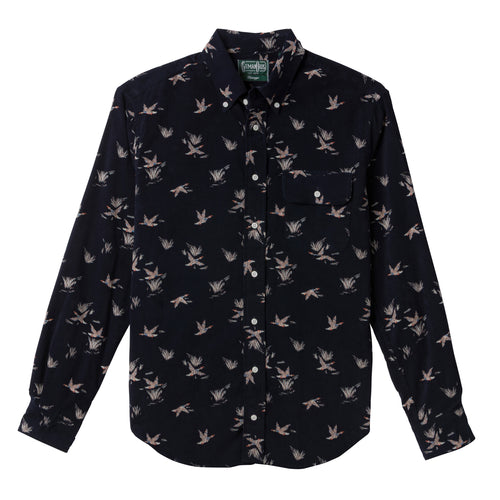 Navy Waterfowl Corduroy sport shirt in cotton features textured corduroy fabric, button-down collar, lined cuffs, chest pocket, and durable construction.