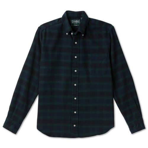 Blackwatch Tweed sport shirt features a classic Blackwatch tartan pattern, button-down collar, lined cuffs, chest pocket, and textured woven fabric.