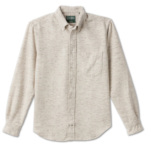 Ecru Nepped Chambray sport shirt features textured cotton chambray fabric, button-down collar, lined cuffs, chest pocket, and classic shirting construction.