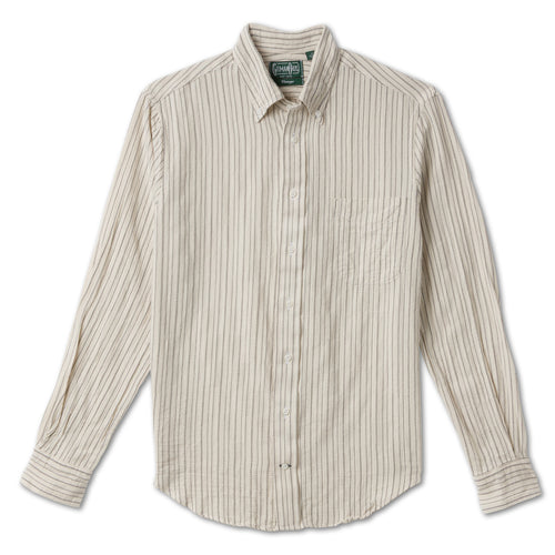 Ecru Brushed Dobby Stripe sport shirt features soft brushed cotton dobby fabric, a subtle stripe pattern, button-down collar, lined cuffs, and chest pocket.