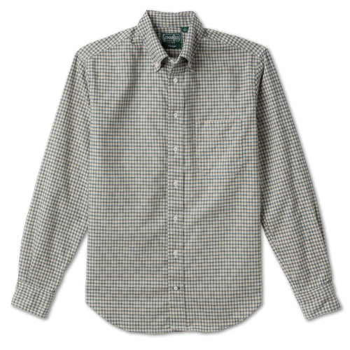 Ecru Brushed Dobby Check sport shirt features soft brushed cotton dobby fabric, a classic check pattern, button-down collar, lined cuffs, and chest pocket.