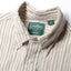 Close-up of the Ecru Brushed Dobby Stripe sport shirt's button-down collar featuring a lined collar and classic button detail.