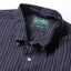 Close-up of the Navy Brushed Dobby Stripe sport shirt's button-down collar featuring a lined collar and classic button detail.