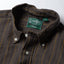 Close-up of the Brown Brushed Dobby Stripe sport shirt's button-down collar featuring a lined collar and classic button detail.
