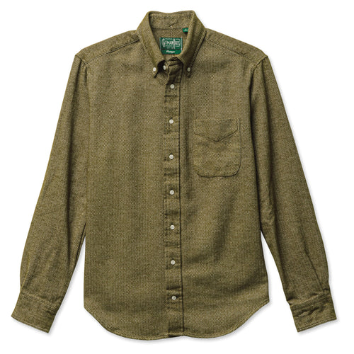The olive herringbone button down flannel with barrel cuffs and a front pockets and white buttons.