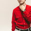 Red 16-Wale Corduroy sport shirt worn by a model, showcasing its fine-wale cotton corduroy fabric, button-down collar, and classic menswear fit.