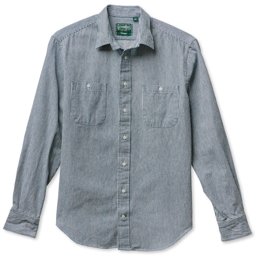 A hickory striped denim work shirt with two chest pockets and white buttons made in the USA.