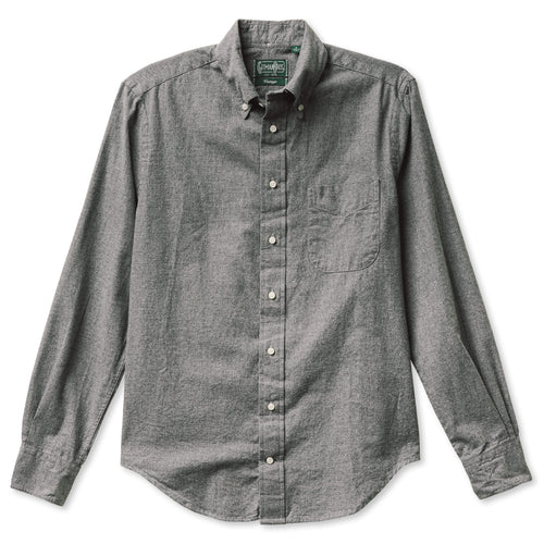 A classic grey flannel made from a soft cotton twill, with a front pocket and white buttons made in the USA.