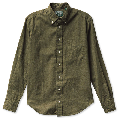 A classic olive flannel made from a soft cotton twill, with a front pocket and white buttons made in the USA.